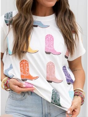 Queen Of Sparkles Wild West Cowboy Boot Tee Sequined Western Rodeo Festival